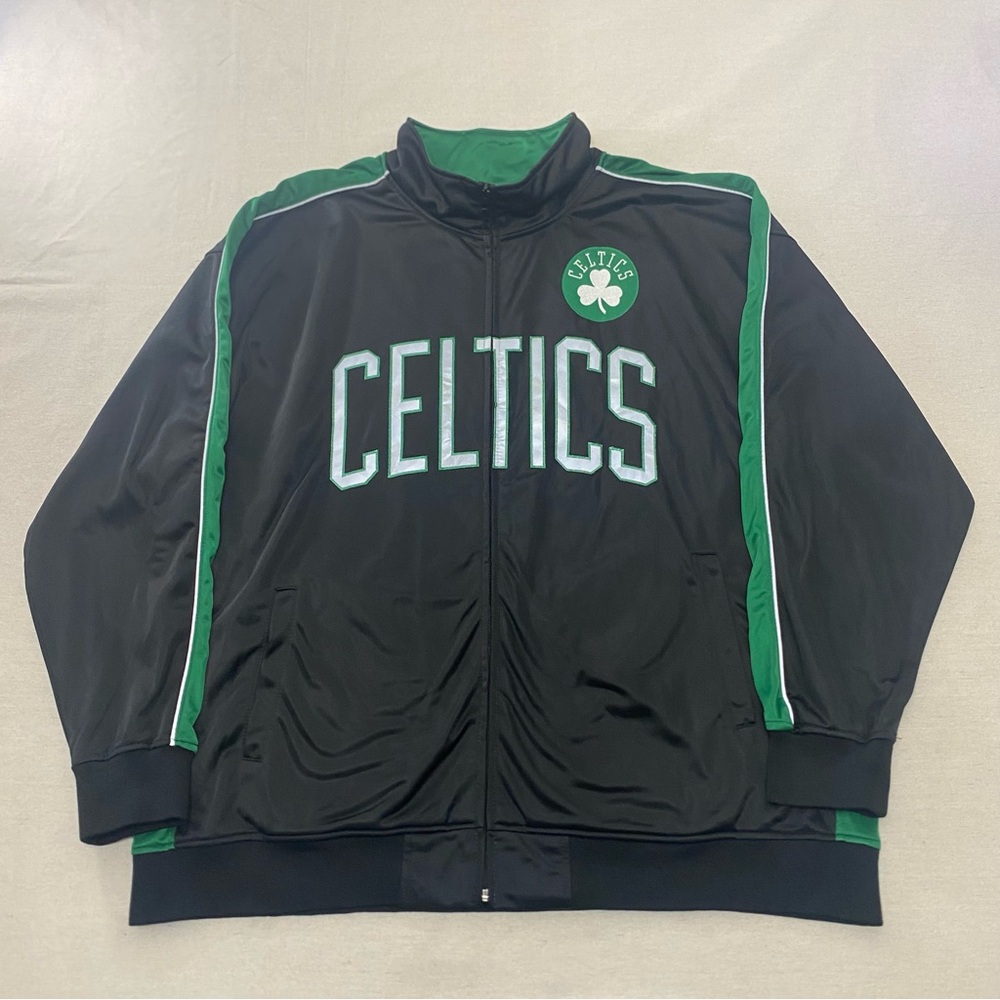 NBA Boston Celtics Track Jacket 4X Black Green Embroidered Spellout Full Zip Vtg